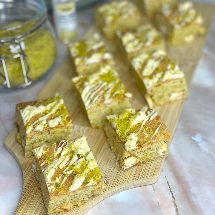 White Chocolate Pistachio Protein Blondies