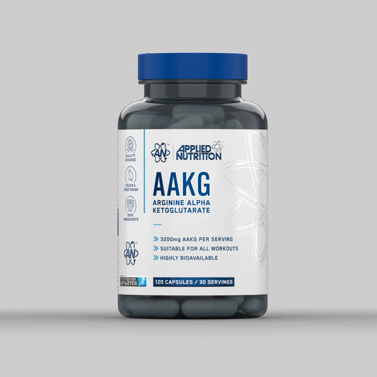 Bottle of Applied Nutrition AAKG supplement on a gray background