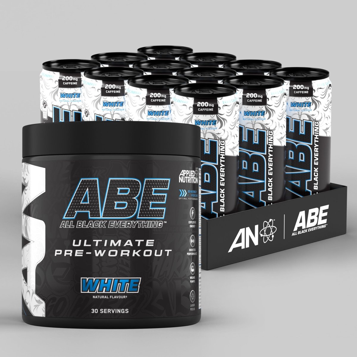 ABE White pre-workout powder and White performance energy drink 12-pack bundle
