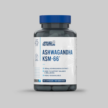 Bottle of Applied Nutrition Ashwagandha KSM-66 supplement on a gray background