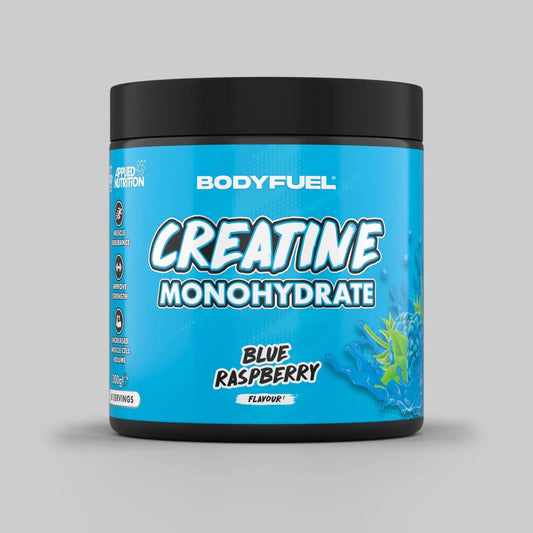 Bodyfuel Creatine Monohydrate supplement container with blue label on a gray background