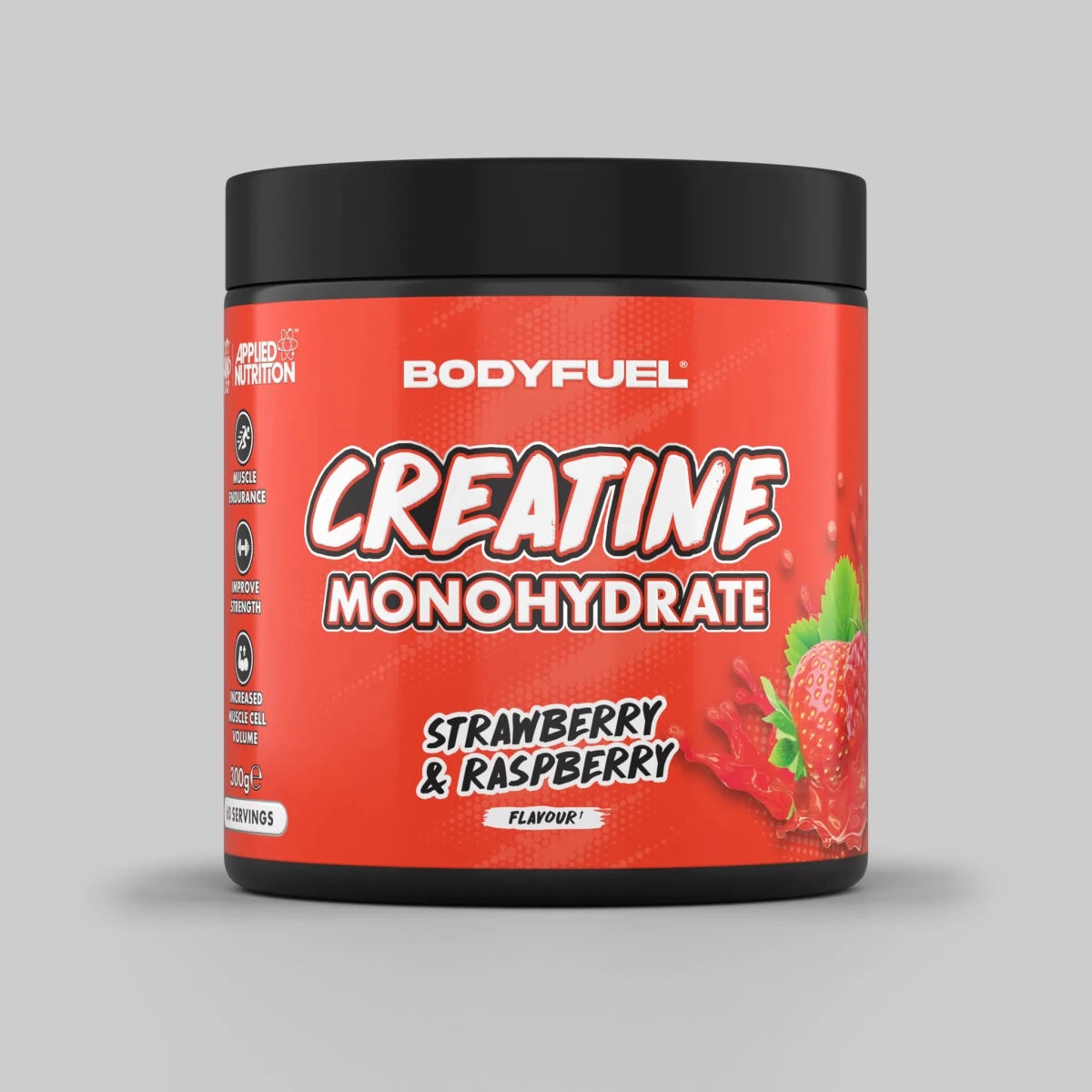 BodyFuel Creatine Monohydrate supplement container with strawberry and raspberry flavor on a gray background