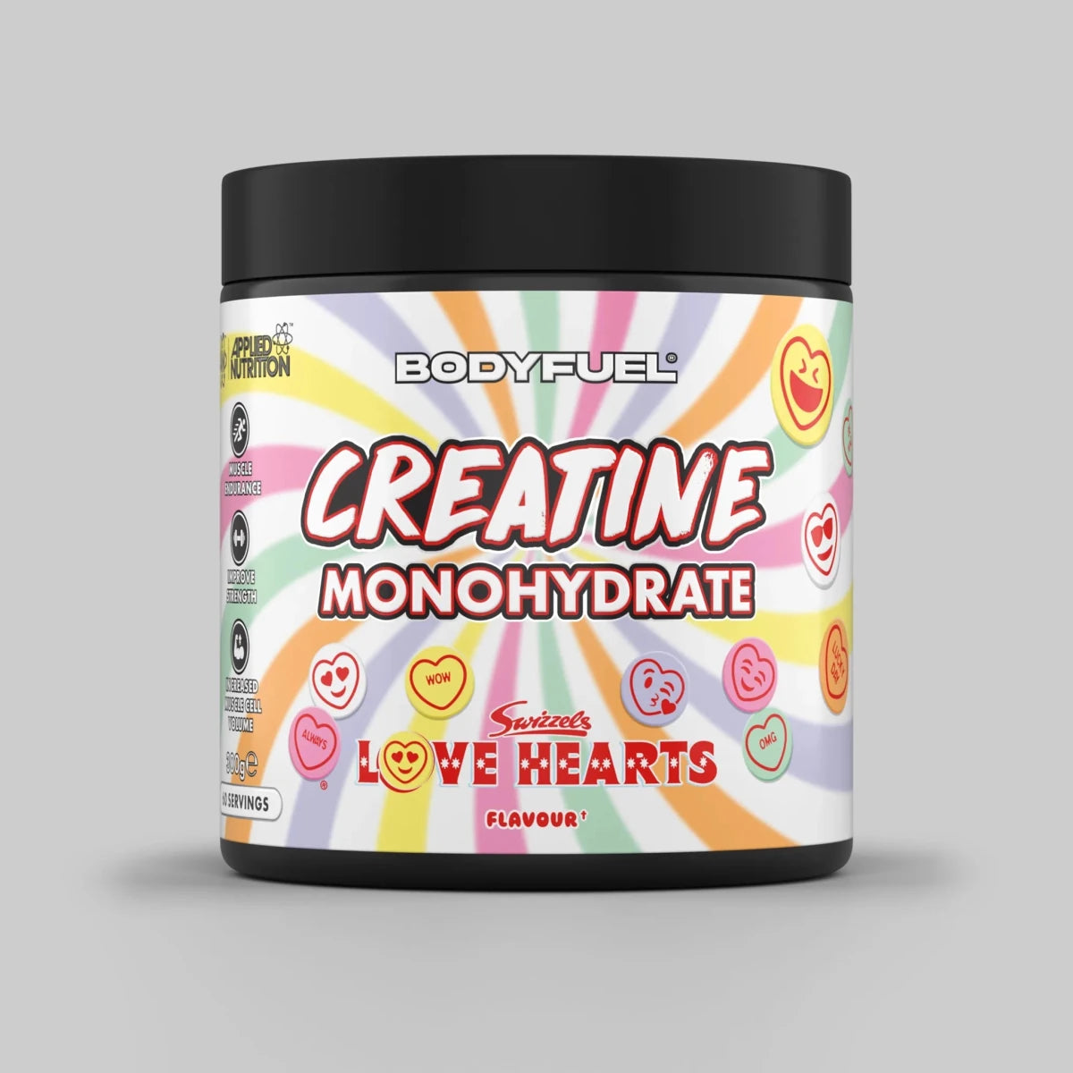 BodyFuel Creatine Monohydrate supplement container with colorful label on a gray background