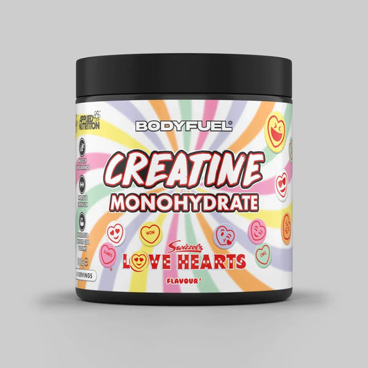 BodyFuel Creatine Monohydrate supplement container with colorful label on a gray background