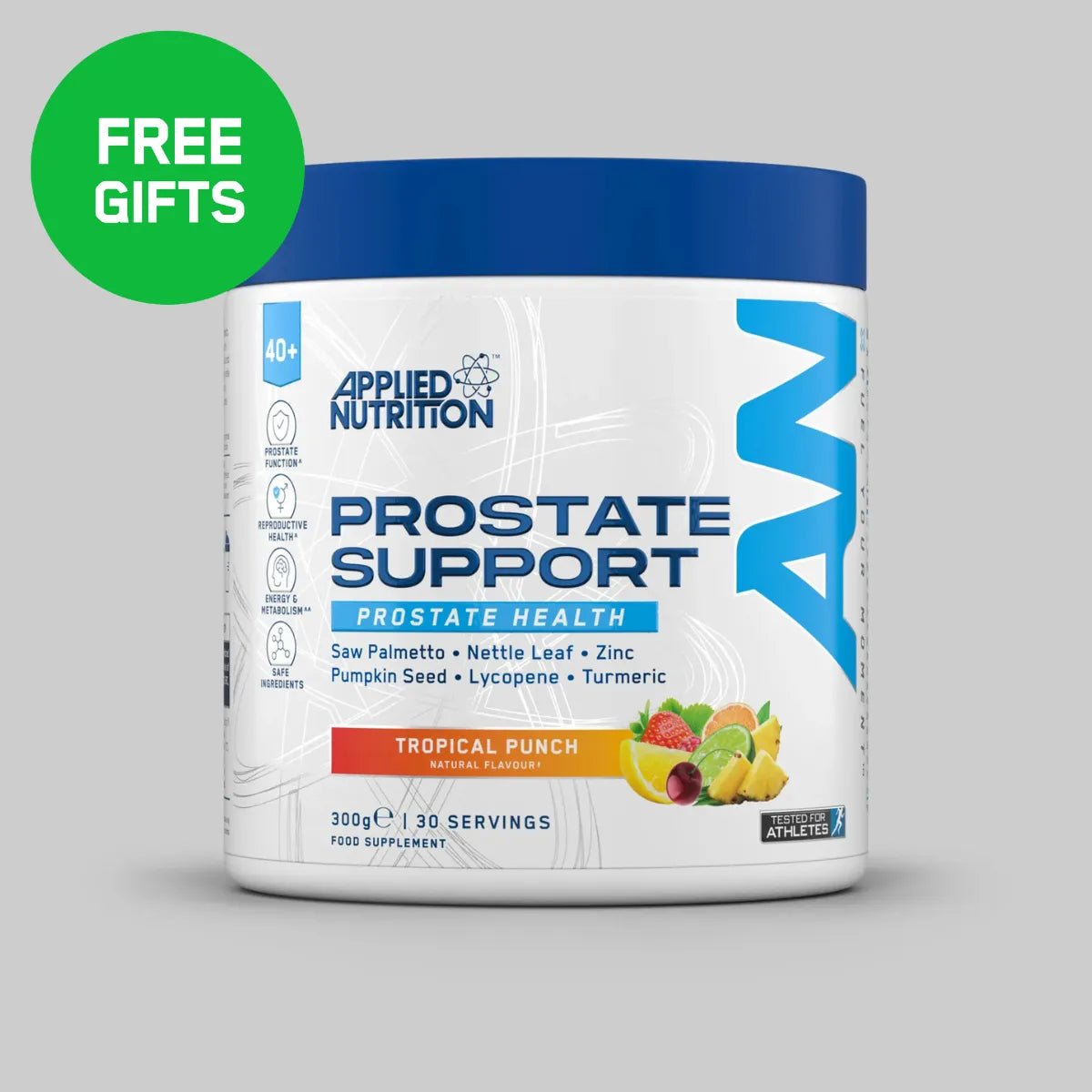 Applied Nutrition Prostate Support supplement container with free gifts label on a gray background