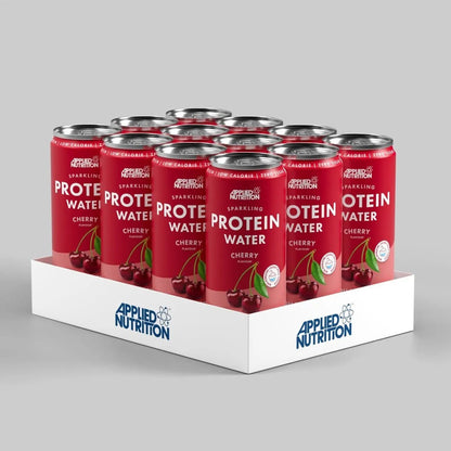 Box of Applied Nutrition Protein Water Cherry cans on a gray background