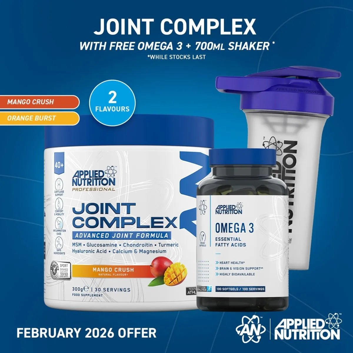 Applied Nutrition Joint Complex supplement with Omega 3 and shaker on a blue background